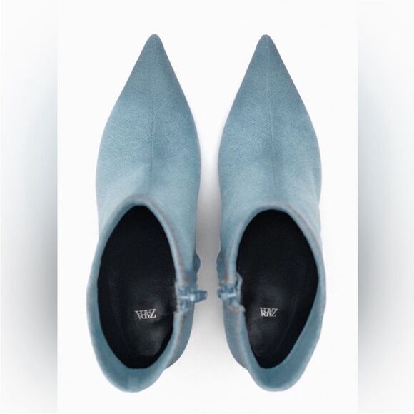 ZARA Denim Blue Pointy Toe Heeled Ankle Booties NWT - Picture 7 of 12